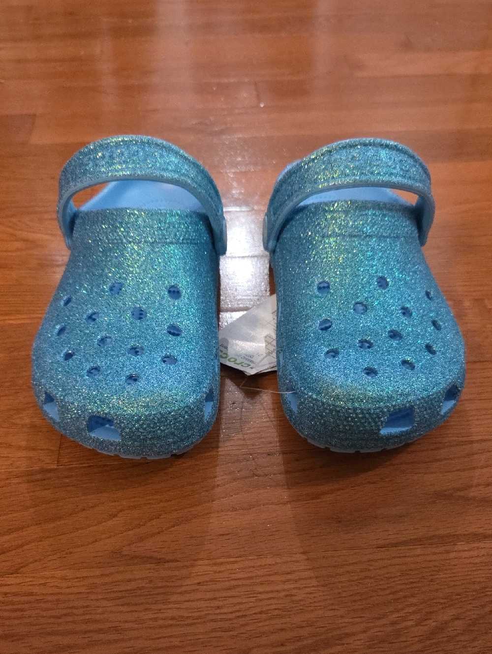 NWT CROCS Classic Iridescent Glittery Sparkle Clog Sandals - Teal Blue Size: J 3 - Picture 2 of 5